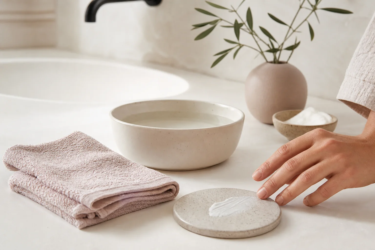 Reduzierte Gesichtspflege-Routine mit Creme und Naturtexturen